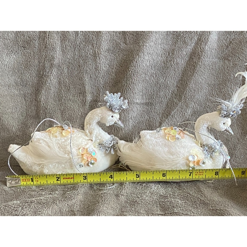 Vtg KATHERINE'S COLLECTION ~Pair of Velvet Feather Sequin Glitter Swan Ornaments - Picture 15 of 15